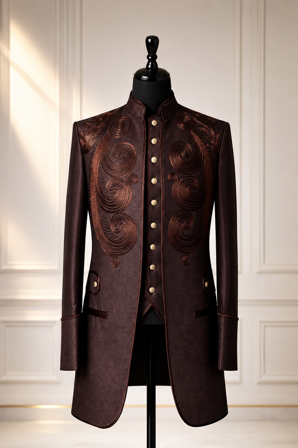 Regal Brown Embroidered Tunic Set