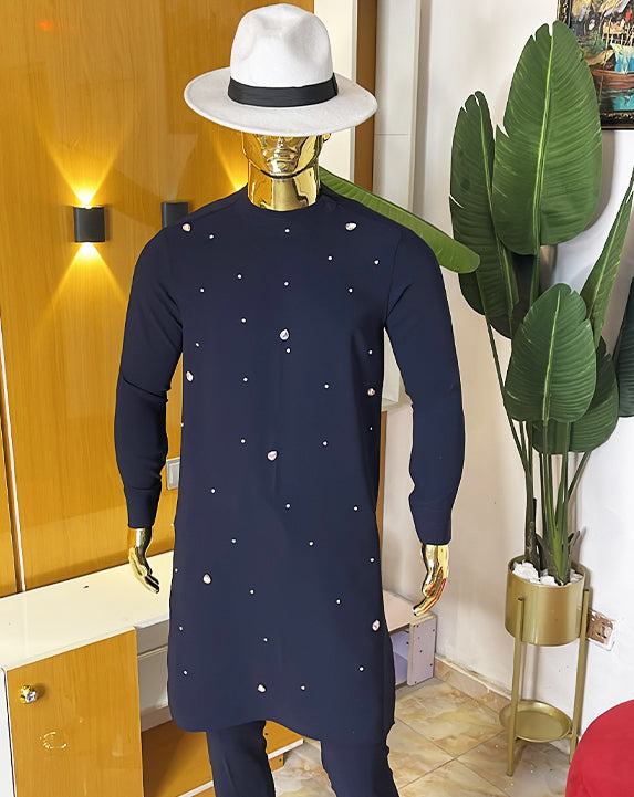 Luxury Navy Embellished Kaftan Set